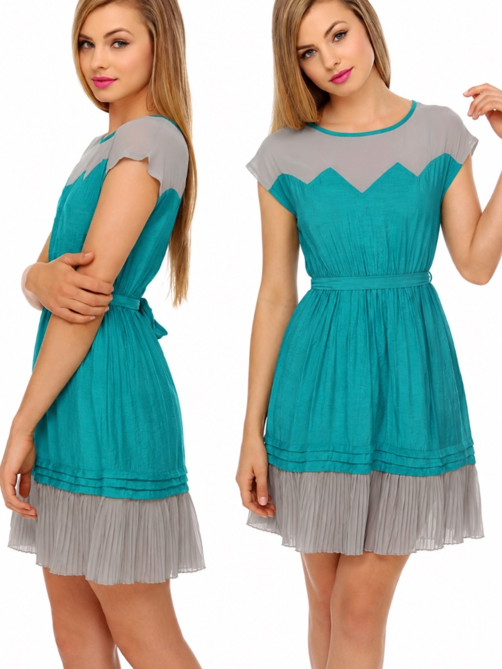 UB Los Angeles Aqua Gray Pleated Hem Tie Waist Dress M Sheer Colorblock
